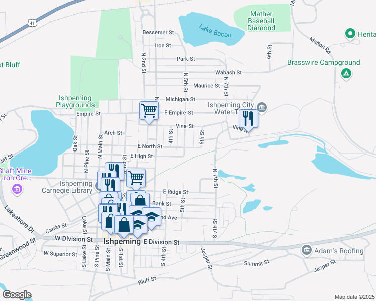map of restaurants, bars, coffee shops, grocery stores, and more near 858-898 East North Street in Ishpeming