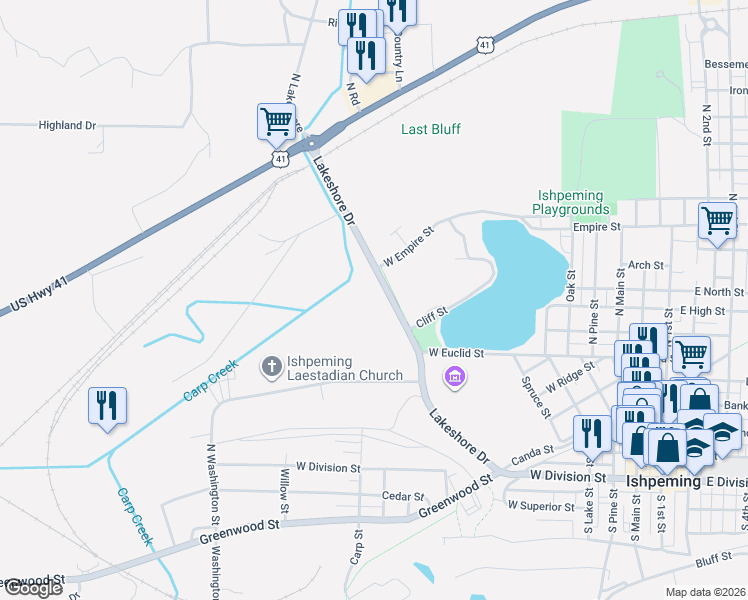 map of restaurants, bars, coffee shops, grocery stores, and more near 501-523 Lakeshore Drive in Ishpeming