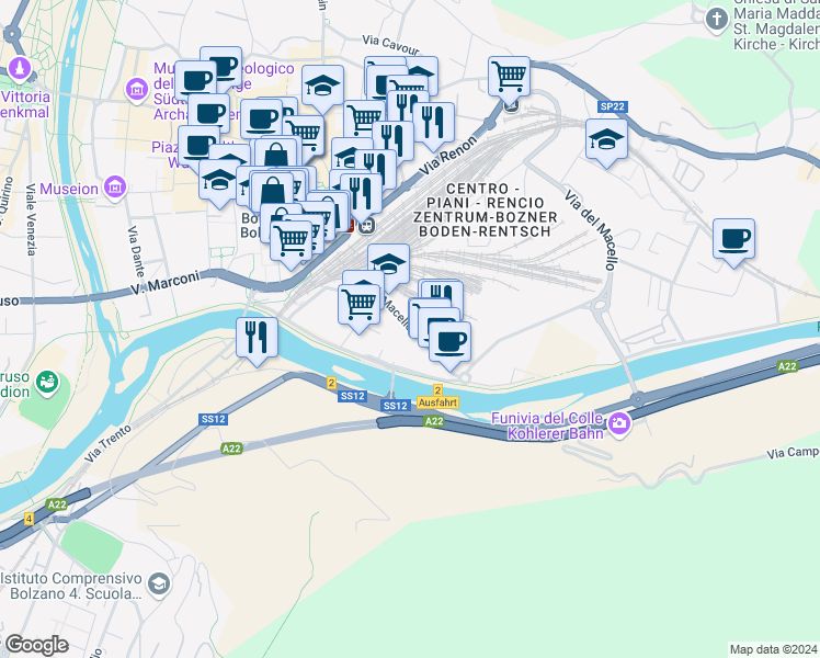 map of restaurants, bars, coffee shops, grocery stores, and more near 55 Via del Macello in Bolzano