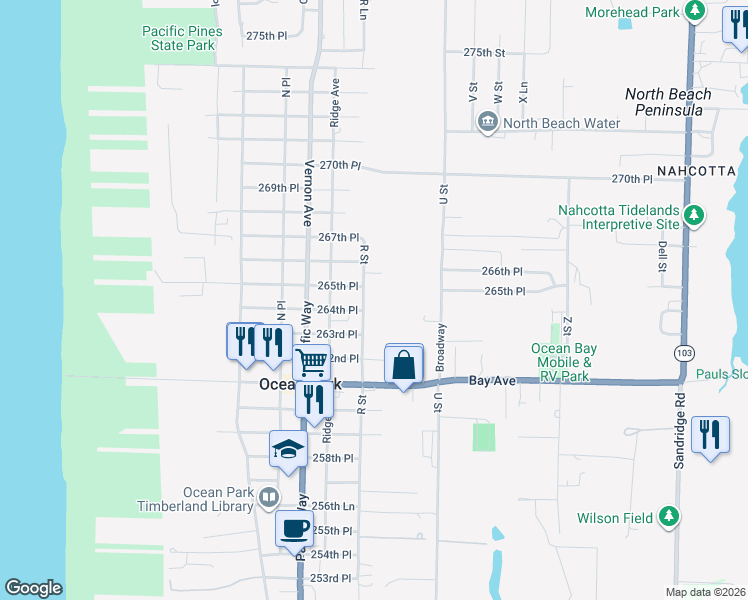 map of restaurants, bars, coffee shops, grocery stores, and more near 26420 R Street in Ocean Park