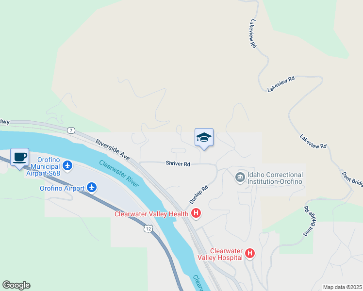 map of restaurants, bars, coffee shops, grocery stores, and more near 1264 Shriver Road in Orofino