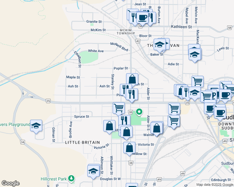 map of restaurants, bars, coffee shops, grocery stores, and more near 374 Pine Street in Greater Sudbury