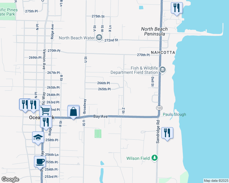 map of restaurants, bars, coffee shops, grocery stores, and more near 2506 265th Place in Ocean Park