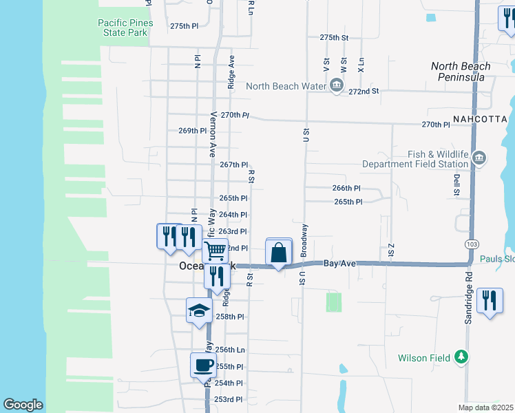 map of restaurants, bars, coffee shops, grocery stores, and more near 26420 R Street in Ocean Park
