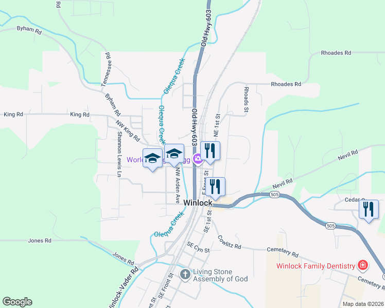 map of restaurants, bars, coffee shops, grocery stores, and more near 607 NW Kerron St in Winlock