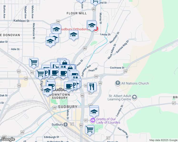 map of restaurants, bars, coffee shops, grocery stores, and more near 40 Pearl Street in Sudbury