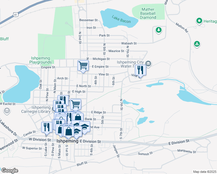 map of restaurants, bars, coffee shops, grocery stores, and more near 858 East North Street in Ishpeming