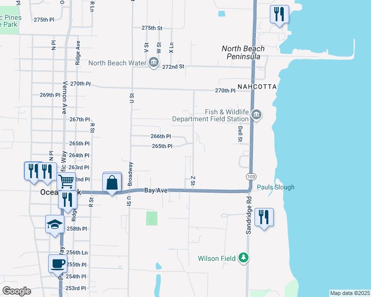 map of restaurants, bars, coffee shops, grocery stores, and more near 2506 265th Place in Ocean Park