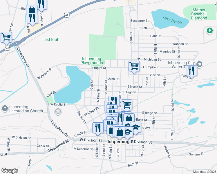 map of restaurants, bars, coffee shops, grocery stores, and more near 104 East North Street in Ishpeming