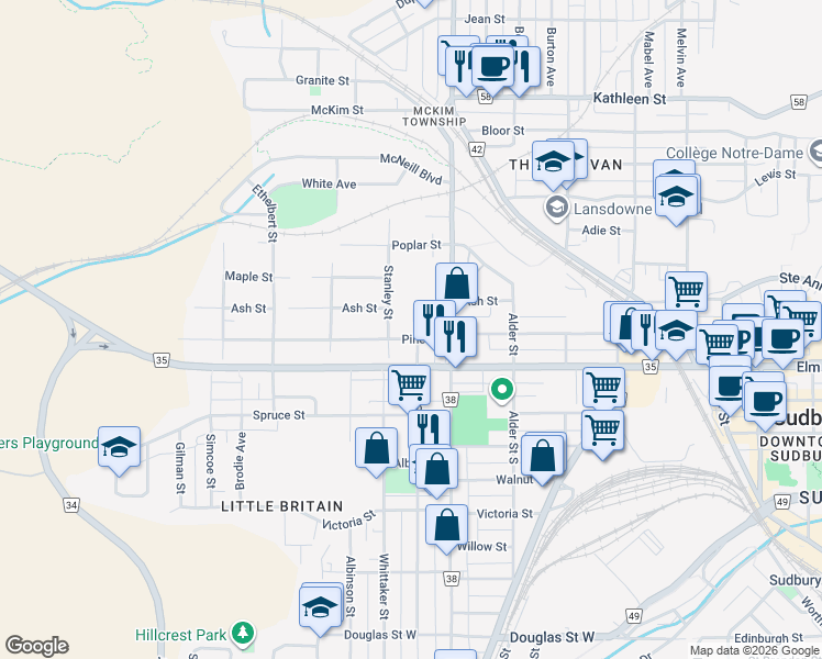 map of restaurants, bars, coffee shops, grocery stores, and more near 374 Pine Street in Greater Sudbury