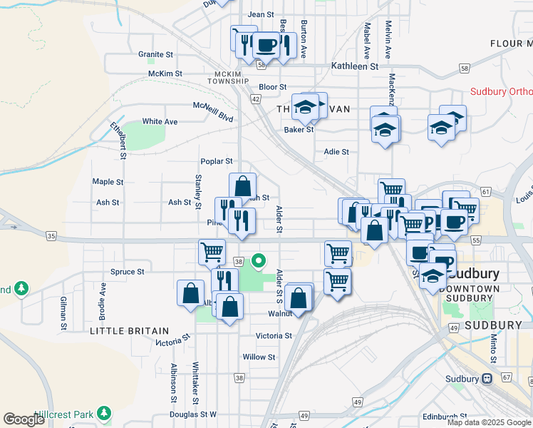 map of restaurants, bars, coffee shops, grocery stores, and more near 290 Pine Street in Greater Sudbury