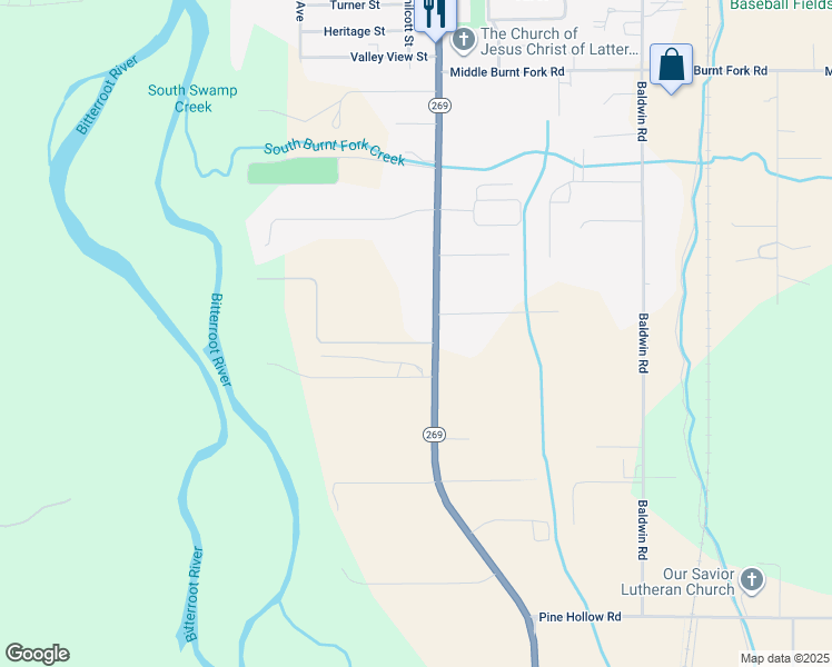 map of restaurants, bars, coffee shops, grocery stores, and more near 3713 Eastside Highway in Stevensville