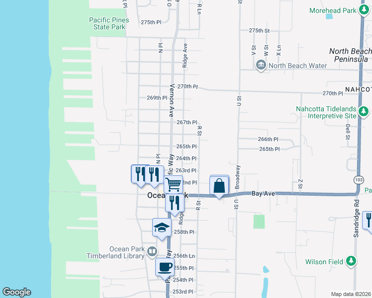 map of restaurants, bars, coffee shops, grocery stores, and more near 1607 264th Place in Ocean Park