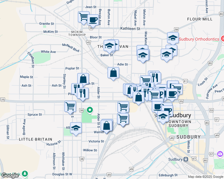 map of restaurants, bars, coffee shops, grocery stores, and more near 195 Pine Street in Greater Sudbury