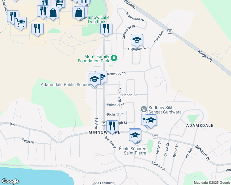 map of restaurants, bars, coffee shops, grocery stores, and more near 2020 Hebert Street in Sudbury