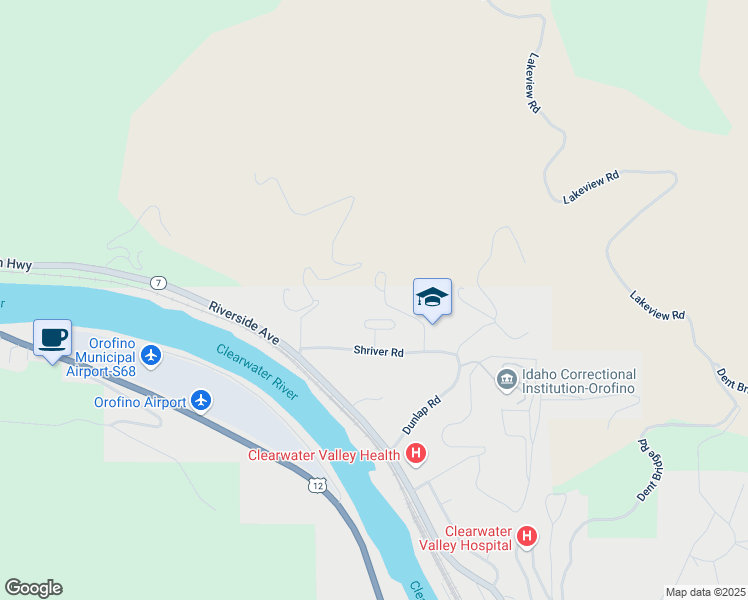 map of restaurants, bars, coffee shops, grocery stores, and more near 1264 Shriver Road in Orofino