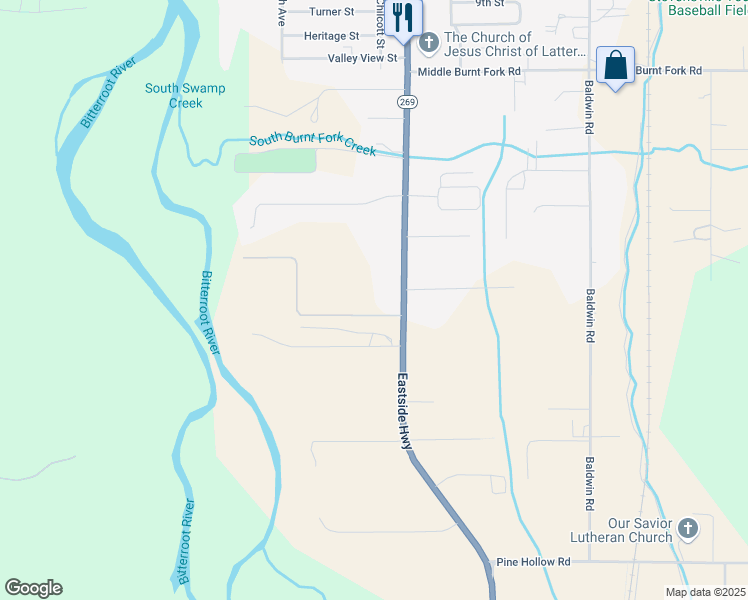 map of restaurants, bars, coffee shops, grocery stores, and more near 3713 Eastside Highway in Stevensville