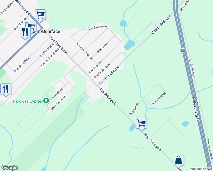 map of restaurants, bars, coffee shops, grocery stores, and more near 1180 Rue Principale in Saint-Boniface