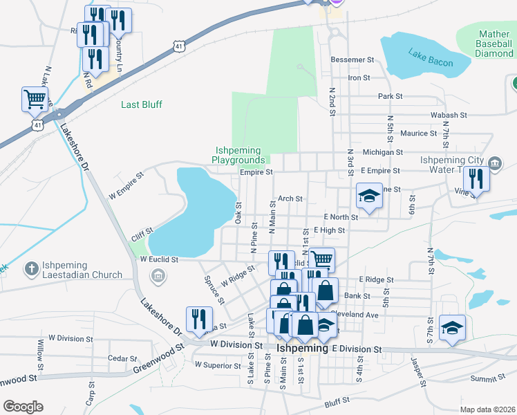 map of restaurants, bars, coffee shops, grocery stores, and more near 702 N Pine St in Ishpeming