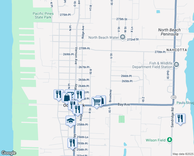 map of restaurants, bars, coffee shops, grocery stores, and more near 26420 R Street in Ocean Park