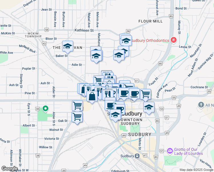 map of restaurants, bars, coffee shops, grocery stores, and more near 4 Fir Lane in Greater Sudbury