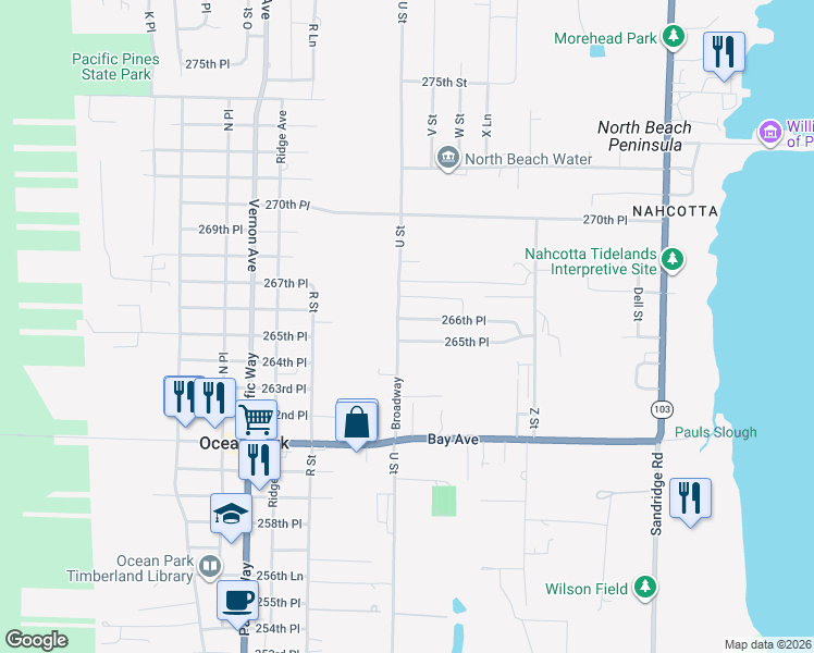 map of restaurants, bars, coffee shops, grocery stores, and more near 2102 265th Place in Ocean Park