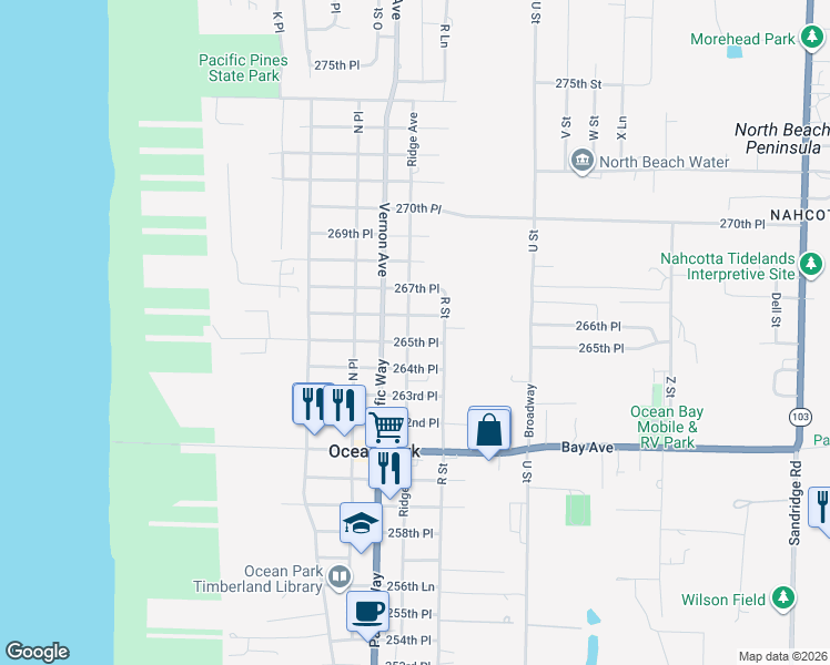 map of restaurants, bars, coffee shops, grocery stores, and more near 1607 264th Place in Ocean Park