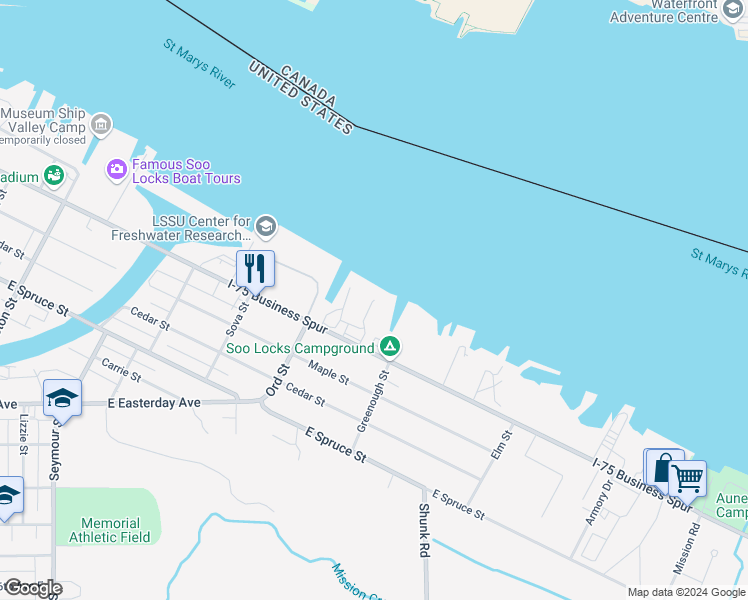 map of restaurants, bars, coffee shops, grocery stores, and more near 101 Waterfront Place in Sault Ste. Marie