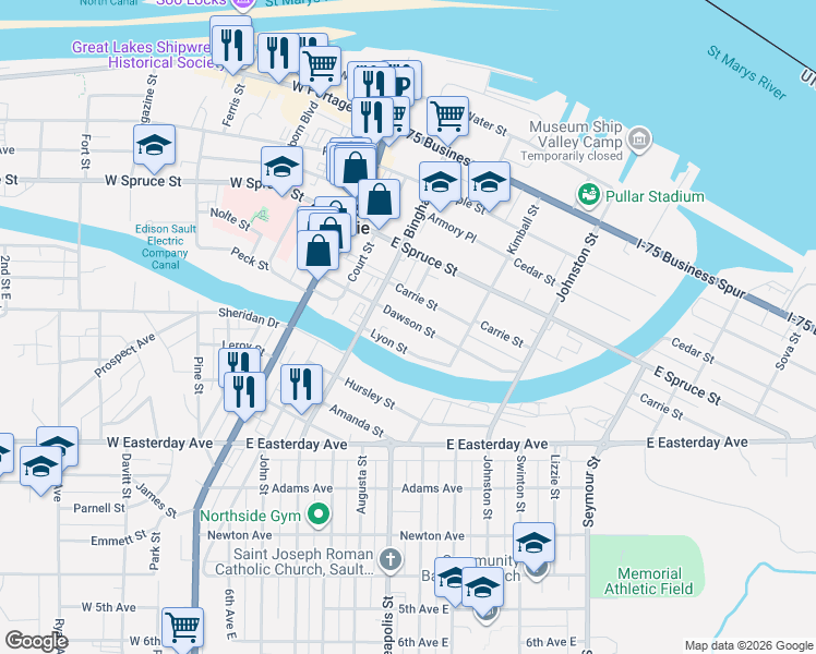 map of restaurants, bars, coffee shops, grocery stores, and more near 320 Carrie Street in Sault Ste. Marie