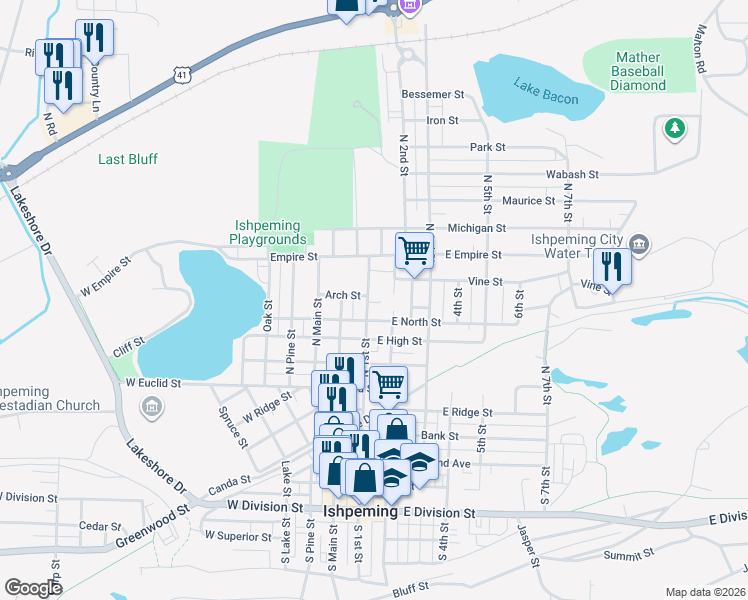 map of restaurants, bars, coffee shops, grocery stores, and more near 755 North 1st Street in Ishpeming