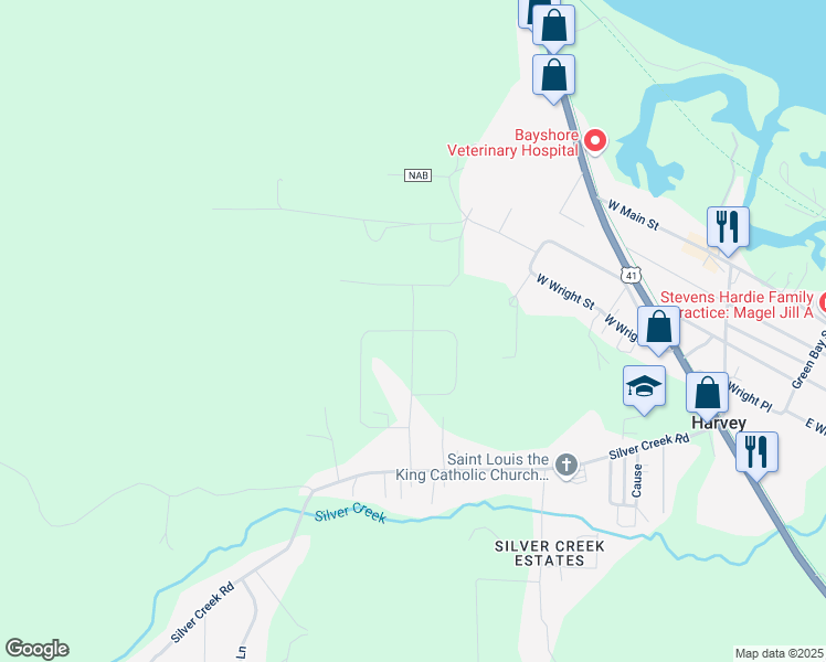 map of restaurants, bars, coffee shops, grocery stores, and more near 104 Scenic Hills Drive in Marquette