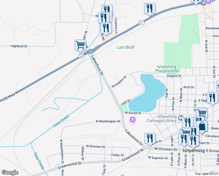 map of restaurants, bars, coffee shops, grocery stores, and more near 501 Lakeshore Drive in Ishpeming