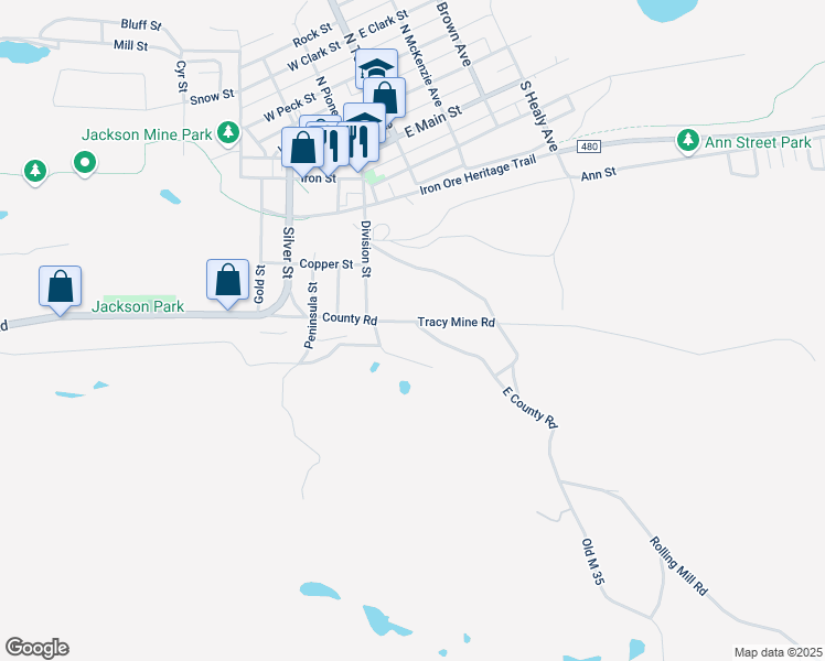 map of restaurants, bars, coffee shops, grocery stores, and more near 91 County Road in Negaunee