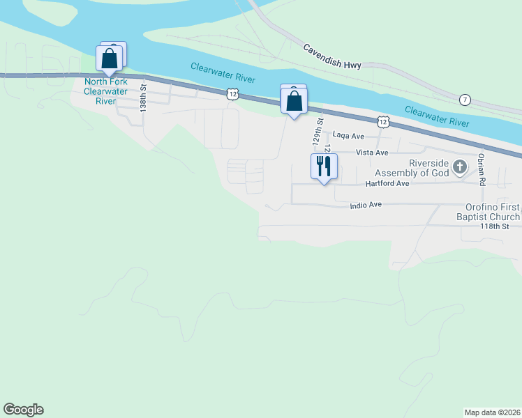 map of restaurants, bars, coffee shops, grocery stores, and more near 12994 Indio Avenue in Orofino