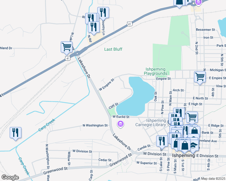 map of restaurants, bars, coffee shops, grocery stores, and more near 711 West Empire Street in Ishpeming