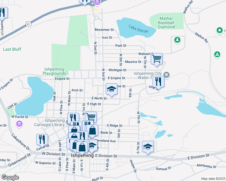 map of restaurants, bars, coffee shops, grocery stores, and more near 421 Vine Street in Ishpeming