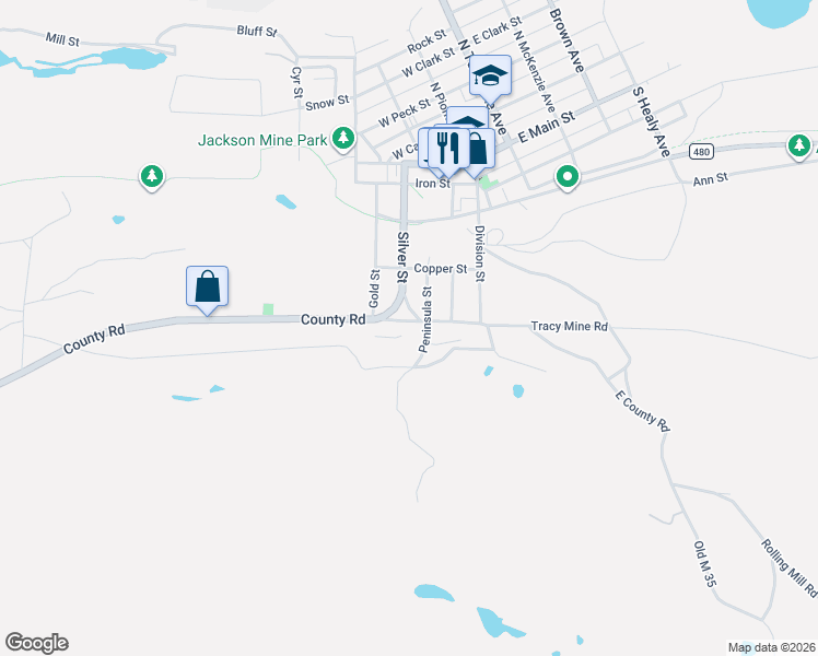 map of restaurants, bars, coffee shops, grocery stores, and more near Silver Street in Negaunee