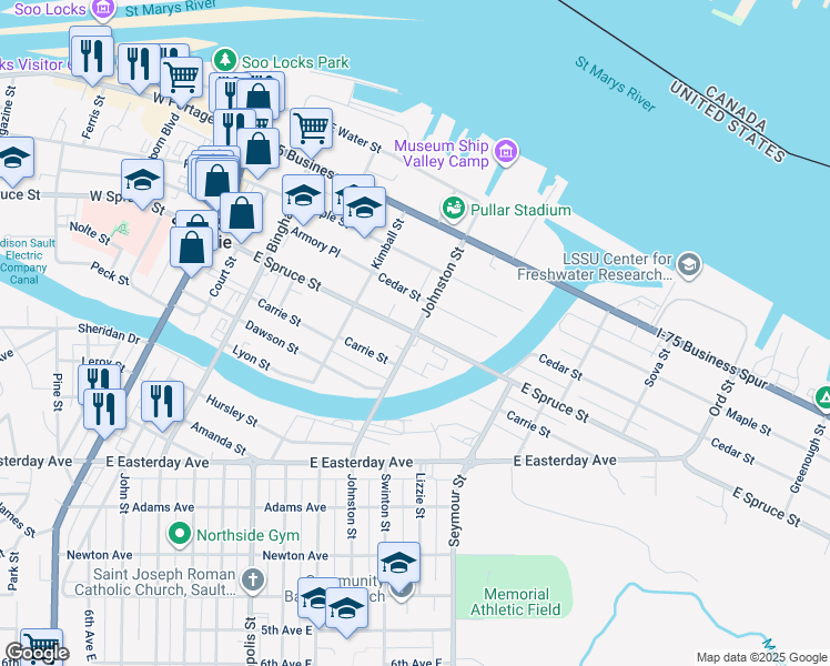 map of restaurants, bars, coffee shops, grocery stores, and more near 499 Johnston Street in Sault Ste. Marie
