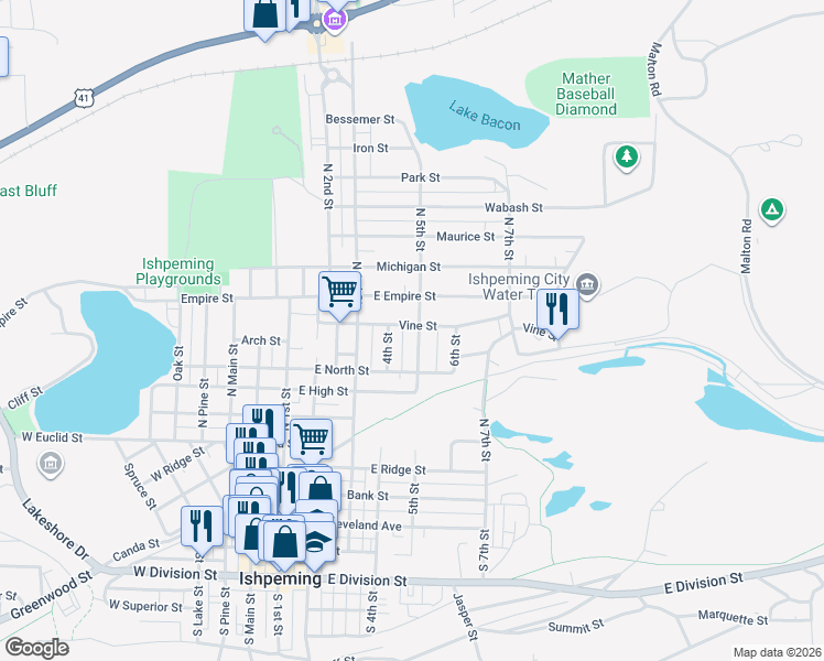 map of restaurants, bars, coffee shops, grocery stores, and more near 421 Vine Street in Ishpeming