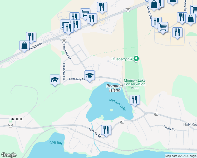 map of restaurants, bars, coffee shops, grocery stores, and more near 1169 Bancroft Drive in Greater Sudbury