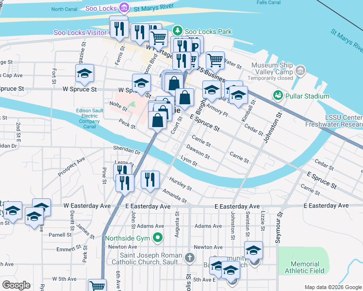 map of restaurants, bars, coffee shops, grocery stores, and more near 533 Bingham Avenue in Sault Ste. Marie