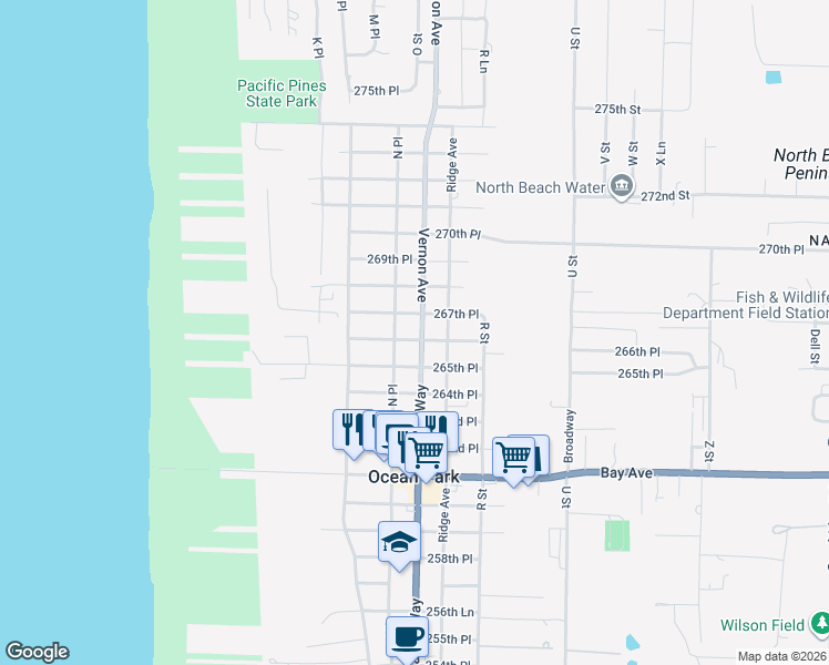 map of restaurants, bars, coffee shops, grocery stores, and more near 26607 Vernon Avenue in Ocean Park