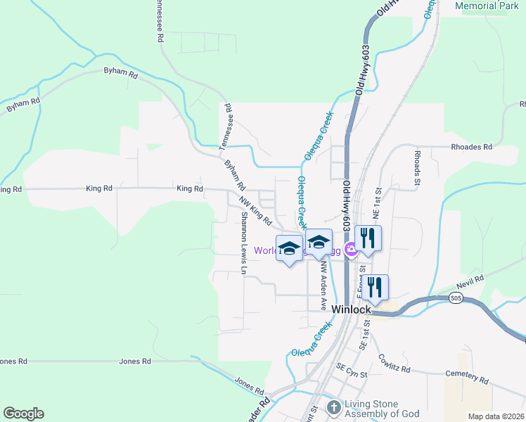map of restaurants, bars, coffee shops, grocery stores, and more near 411 Columbia Road in Winlock