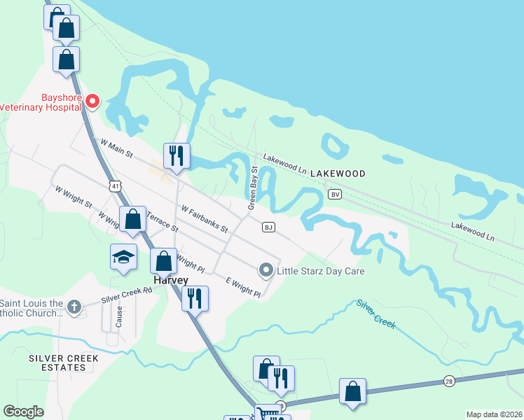 map of restaurants, bars, coffee shops, grocery stores, and more near 123 Green Bay Street in Marquette