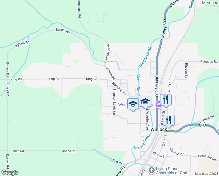 map of restaurants, bars, coffee shops, grocery stores, and more near 609 Columbia Street in Winlock