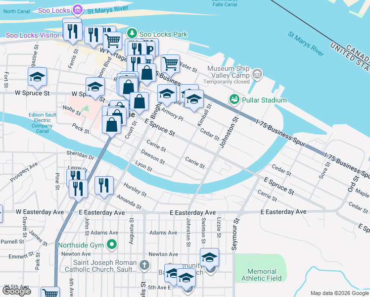 map of restaurants, bars, coffee shops, grocery stores, and more near 587 Kimball Street in Sault Ste. Marie