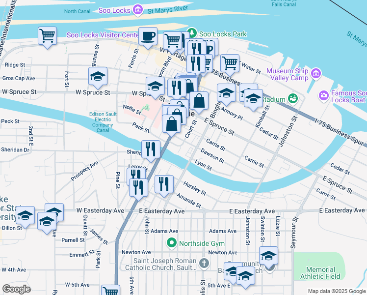 map of restaurants, bars, coffee shops, grocery stores, and more near 663 Court Street in Sault Ste. Marie