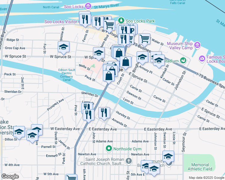 map of restaurants, bars, coffee shops, grocery stores, and more near 663 Court Street in Sault Ste. Marie
