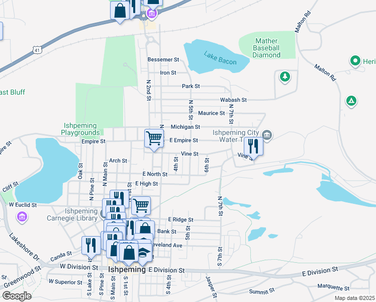 map of restaurants, bars, coffee shops, grocery stores, and more near 421 Vine Street in Ishpeming