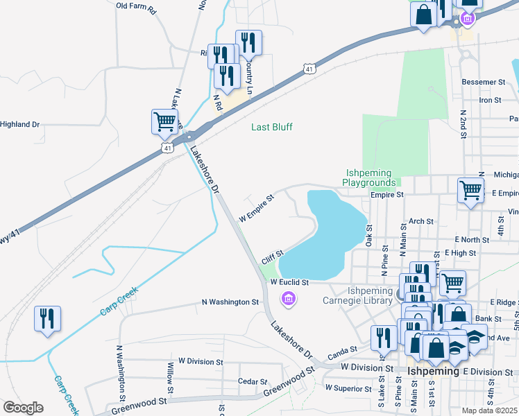 map of restaurants, bars, coffee shops, grocery stores, and more near 711 West Empire Street in Ishpeming